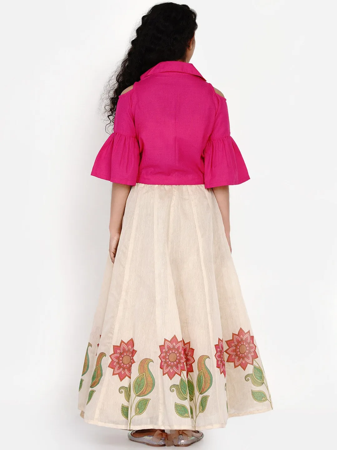 Girls Pink & Beige Solid Ready To Wear Lehenga & Ready To Wear Blouse