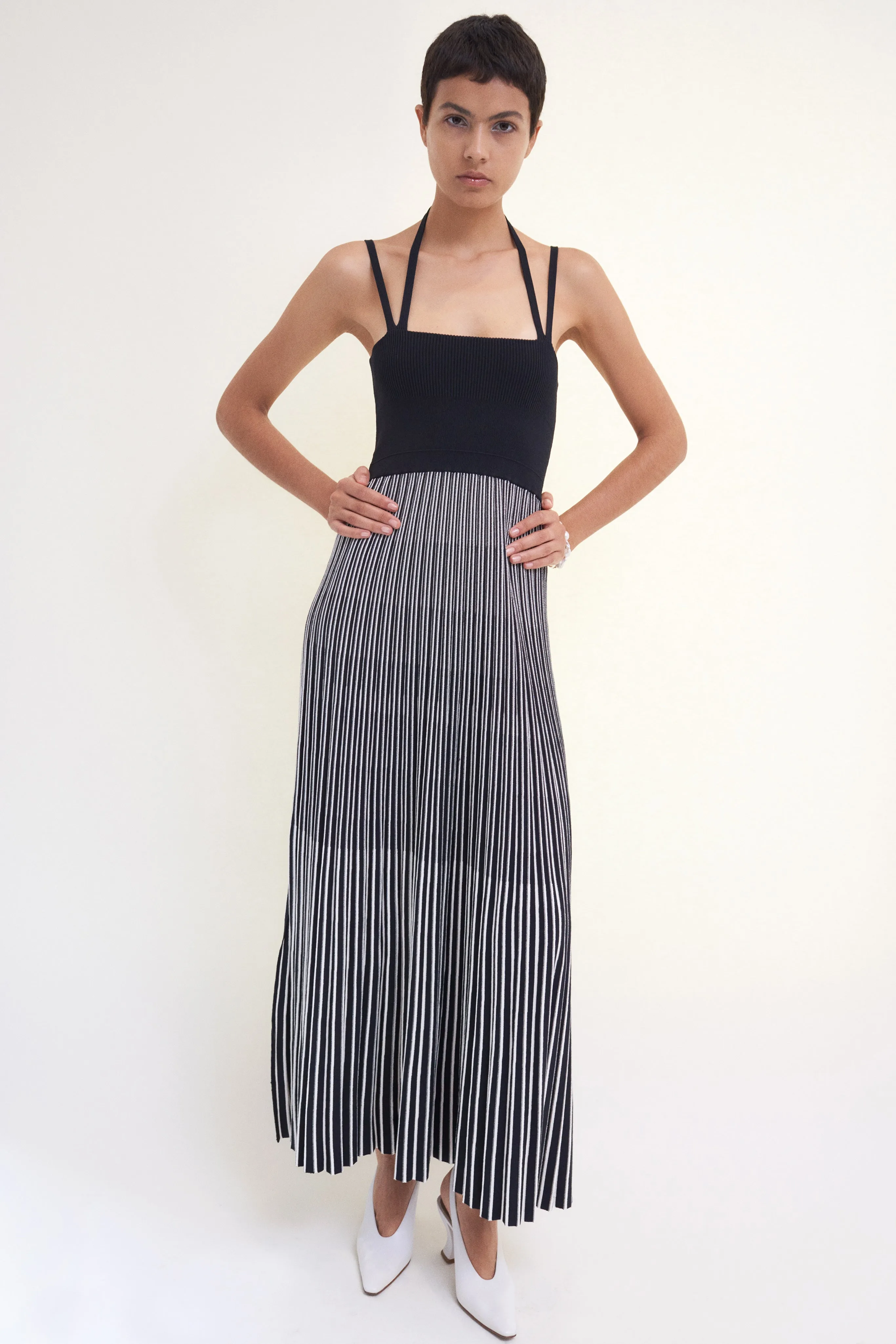 Halter Neck Dress in Black Stripe