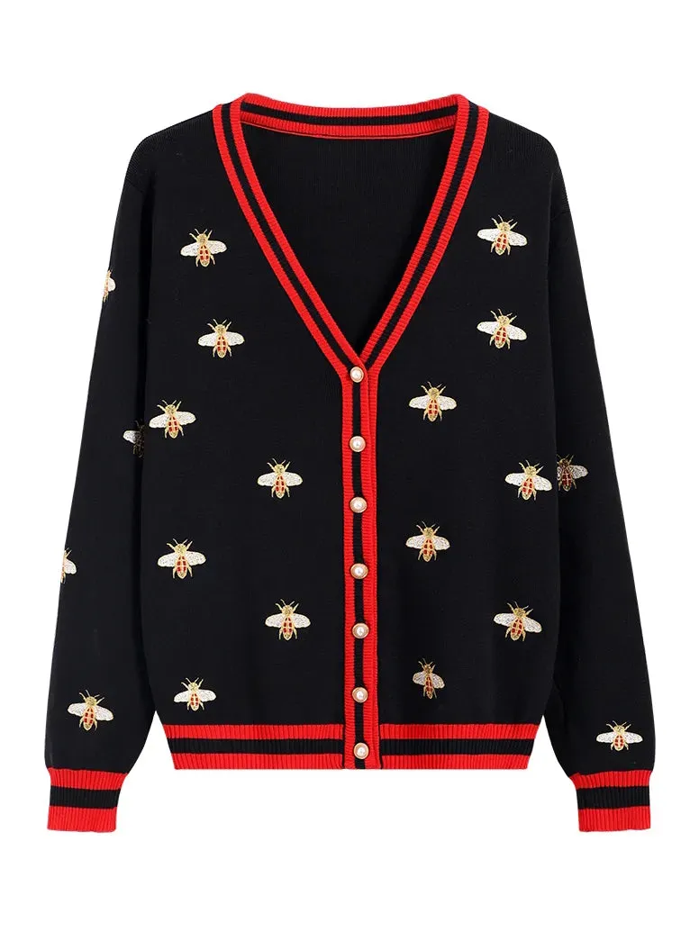 High Quality Fashion Designer Bee Embroidery Cardigan Long Sleeve Single Breasted Contrast Color Button Knitted Sweaters C-068