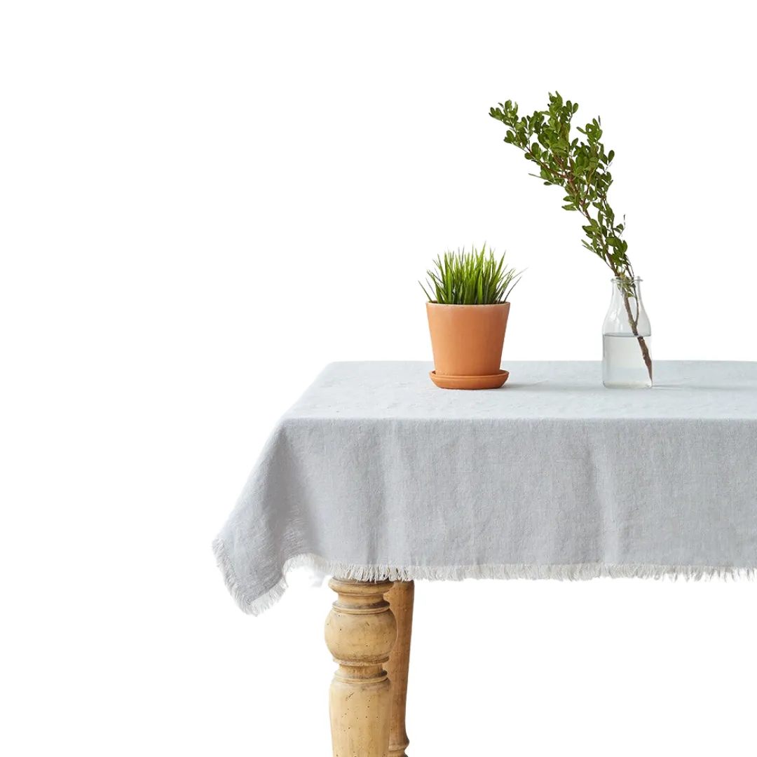 Light Grey Linen Tablecloth with Fringe