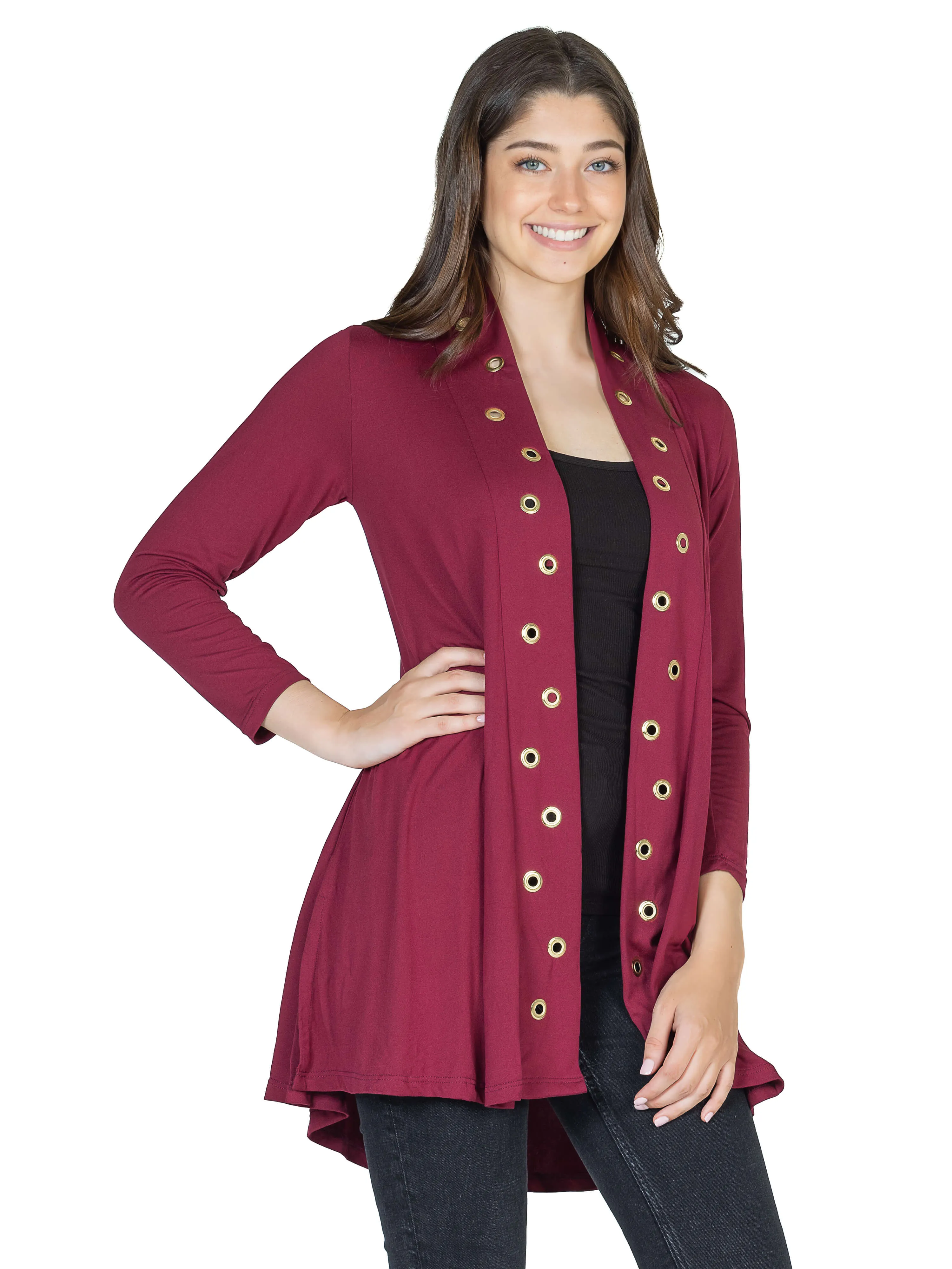 Long Sleeve Mid Thigh Open Front Cardigan with Grommet Details