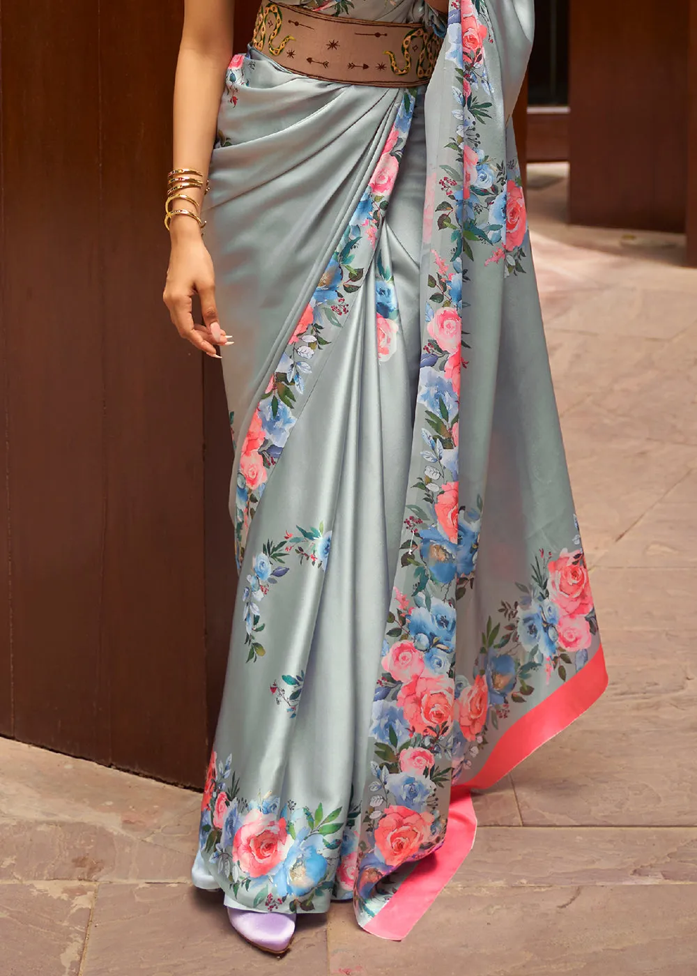 Metal Grey Floral Printed Satin Crepe Saree