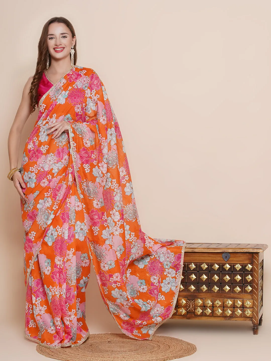 Orange Floral Printed Chanderi Sarees with Embellished border