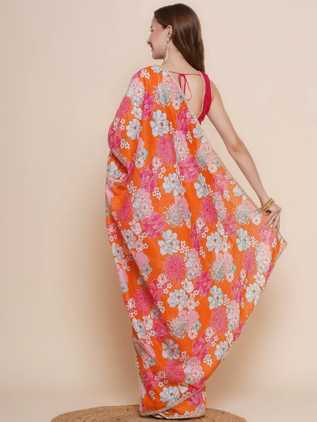 Orange Floral Printed Chanderi Sarees with Embellished border