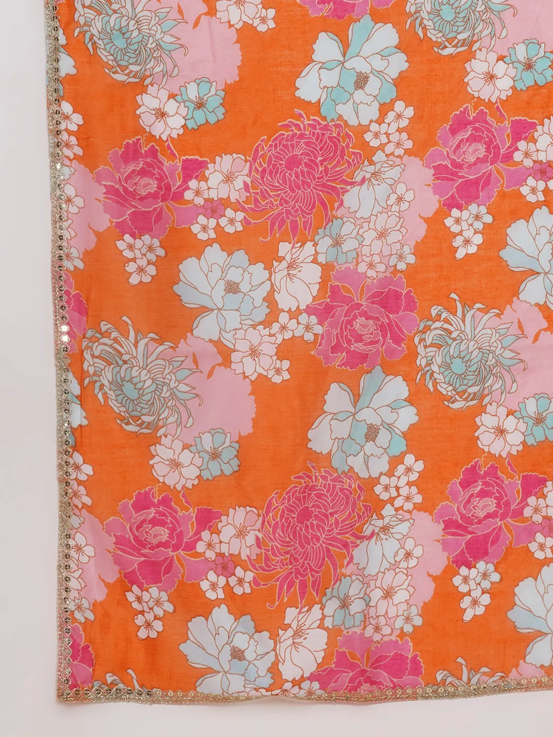 Orange Floral Printed Chanderi Sarees with Embellished border