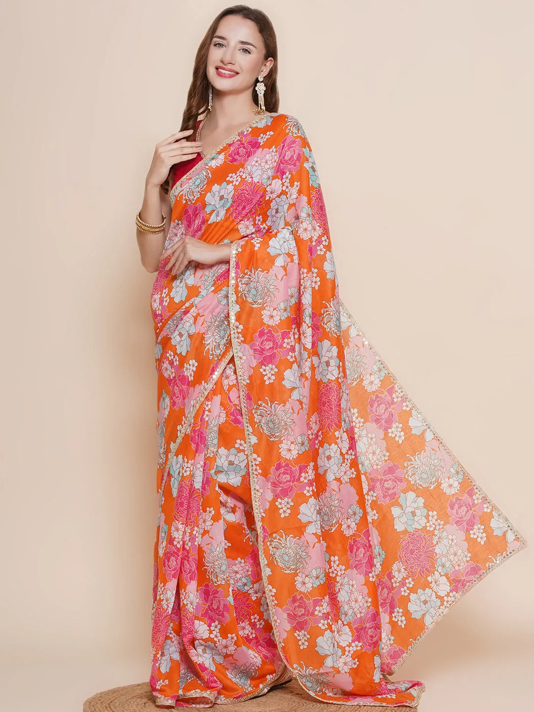 Orange Floral Printed Chanderi Sarees with Embellished border