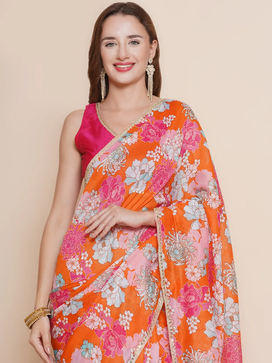 Orange Floral Printed Chanderi Sarees with Embellished border