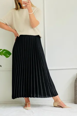 Pleated Satin Maxi Skirt | Black