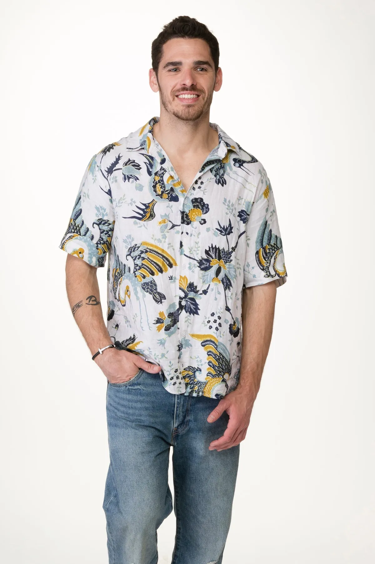 Printed washed linen men button down shirt