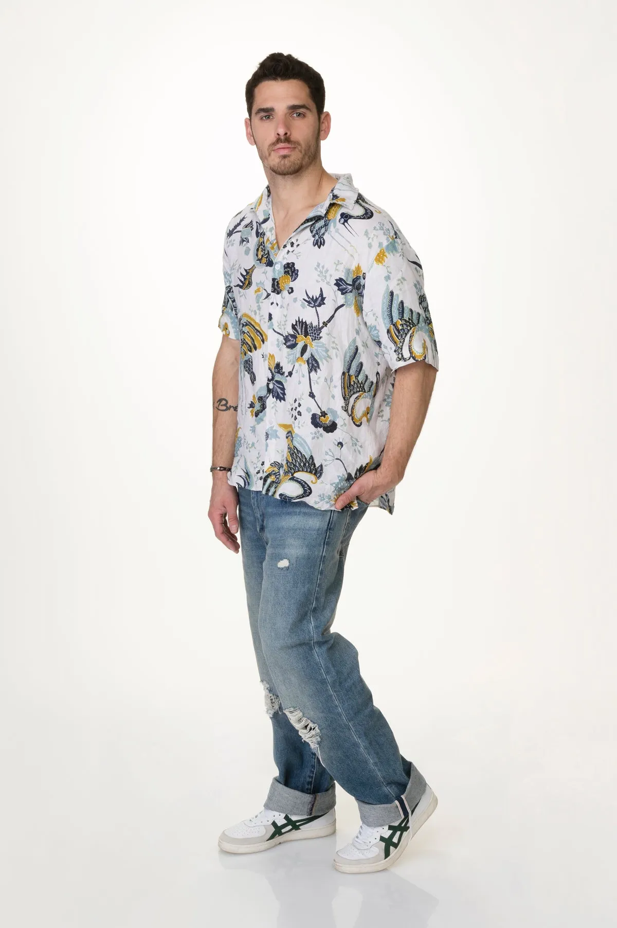 Printed washed linen men button down shirt