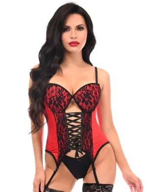 Red & Black Floral Lycra & Lace Hook & Eye Lace-Up Bustier Corset w/Garters