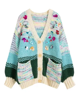 Sequins Flowers Loose Hand Knitted Women Cardigan 2023 Autumn/Winter New in V-neck Colour Stripe Jumper Top with Pocket  C-264