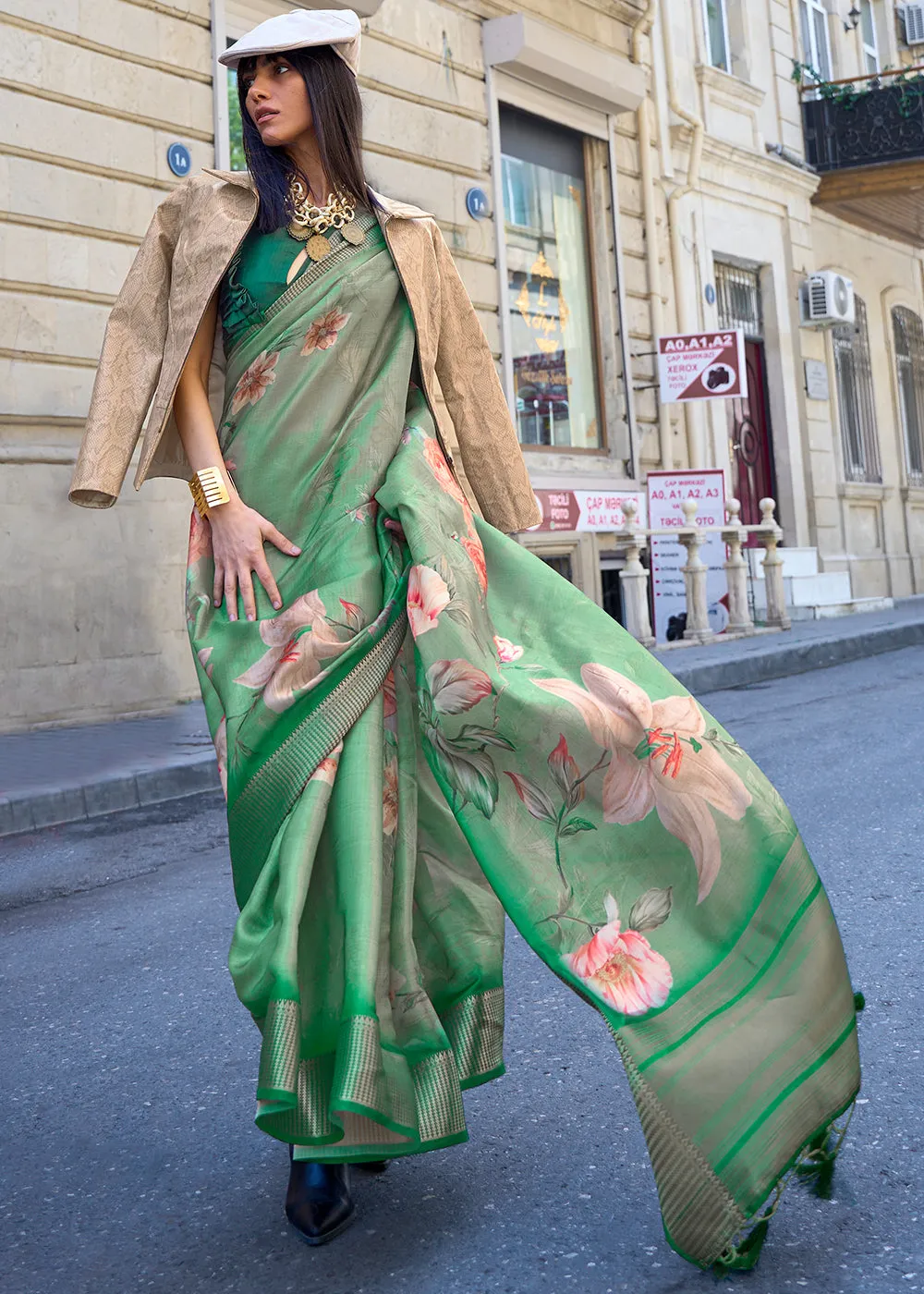 Shades Of Green Floral Printed Satin Organza Saree