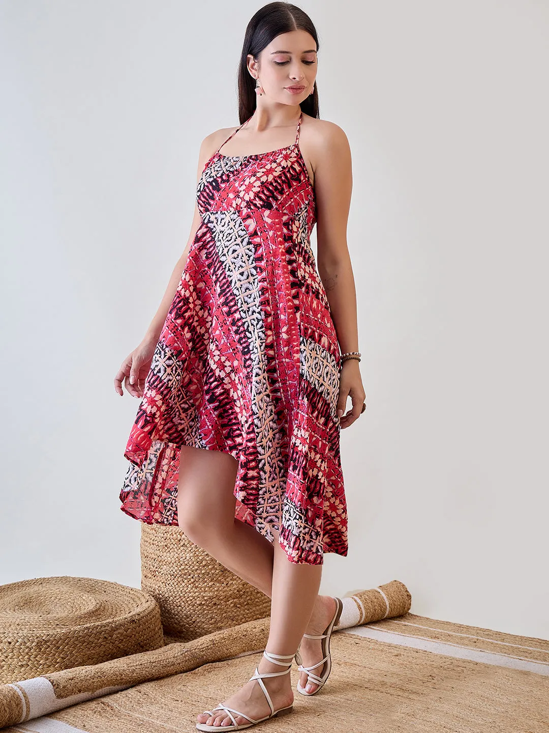 Shibori Printed  Pink Viscose Resort Wear Dress