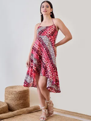 Shibori Printed  Pink Viscose Resort Wear Dress