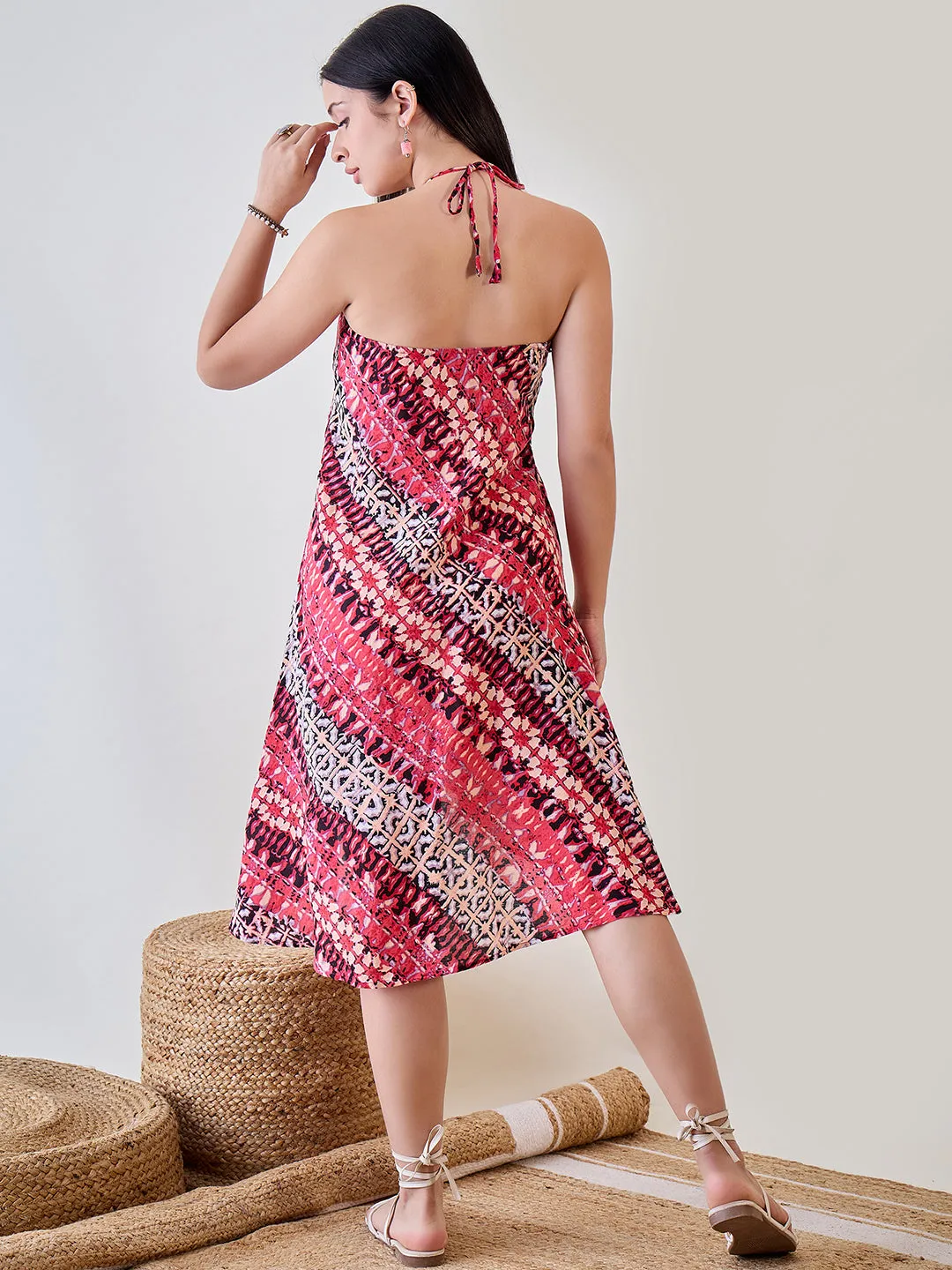 Shibori Printed  Pink Viscose Resort Wear Dress