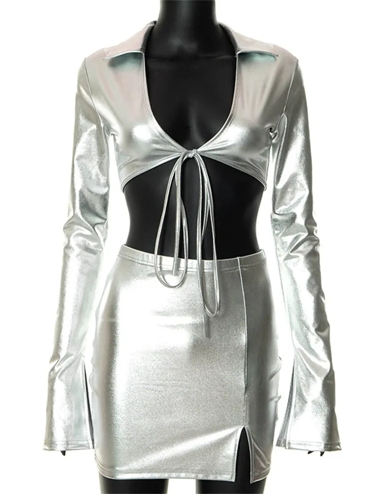 Silver Long Sleeve Crop Top & Skirt Set