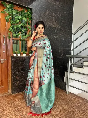 Sky Blue Saree in Floral Kalamkari Print