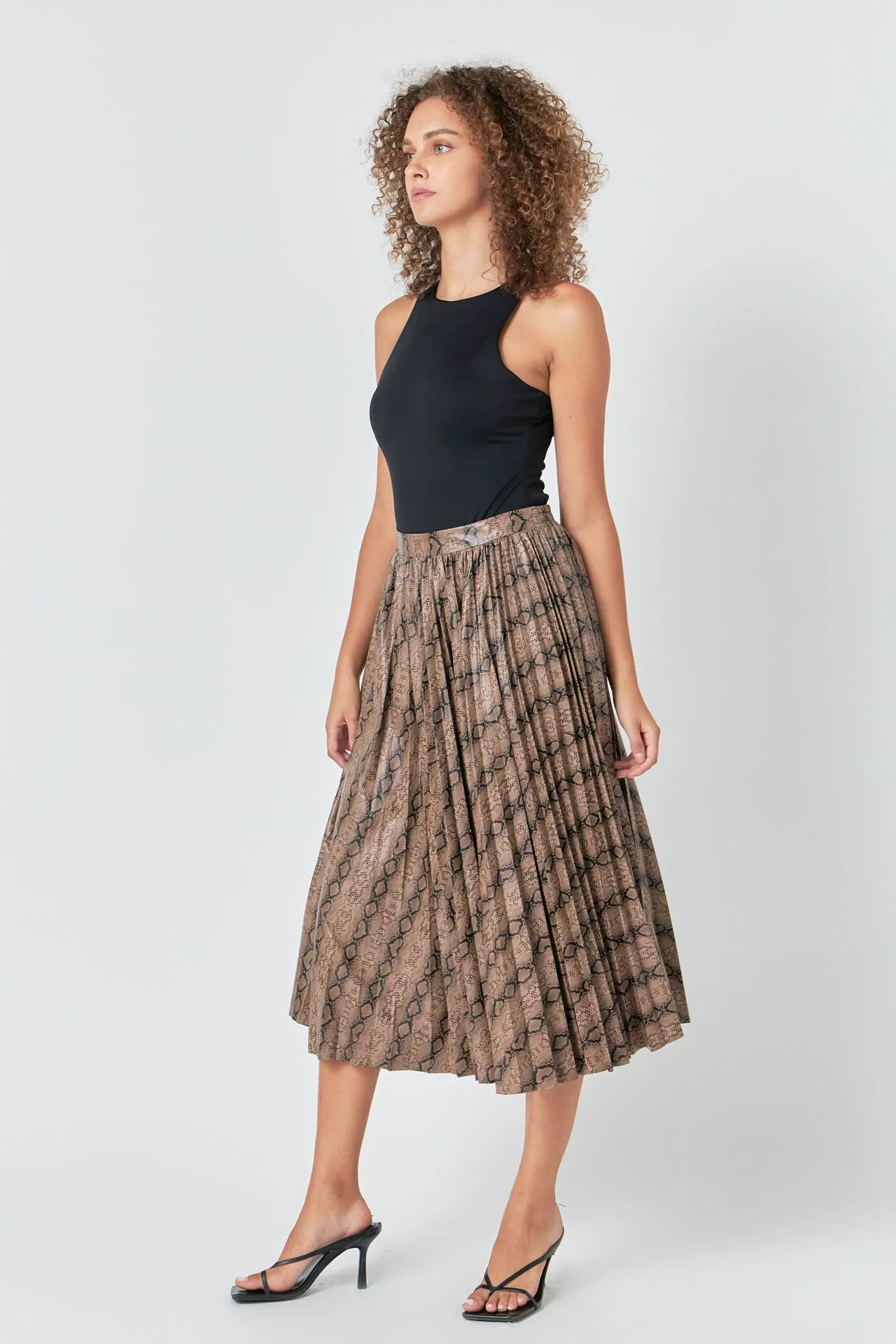 Snake Print Pleated Midi Skirt