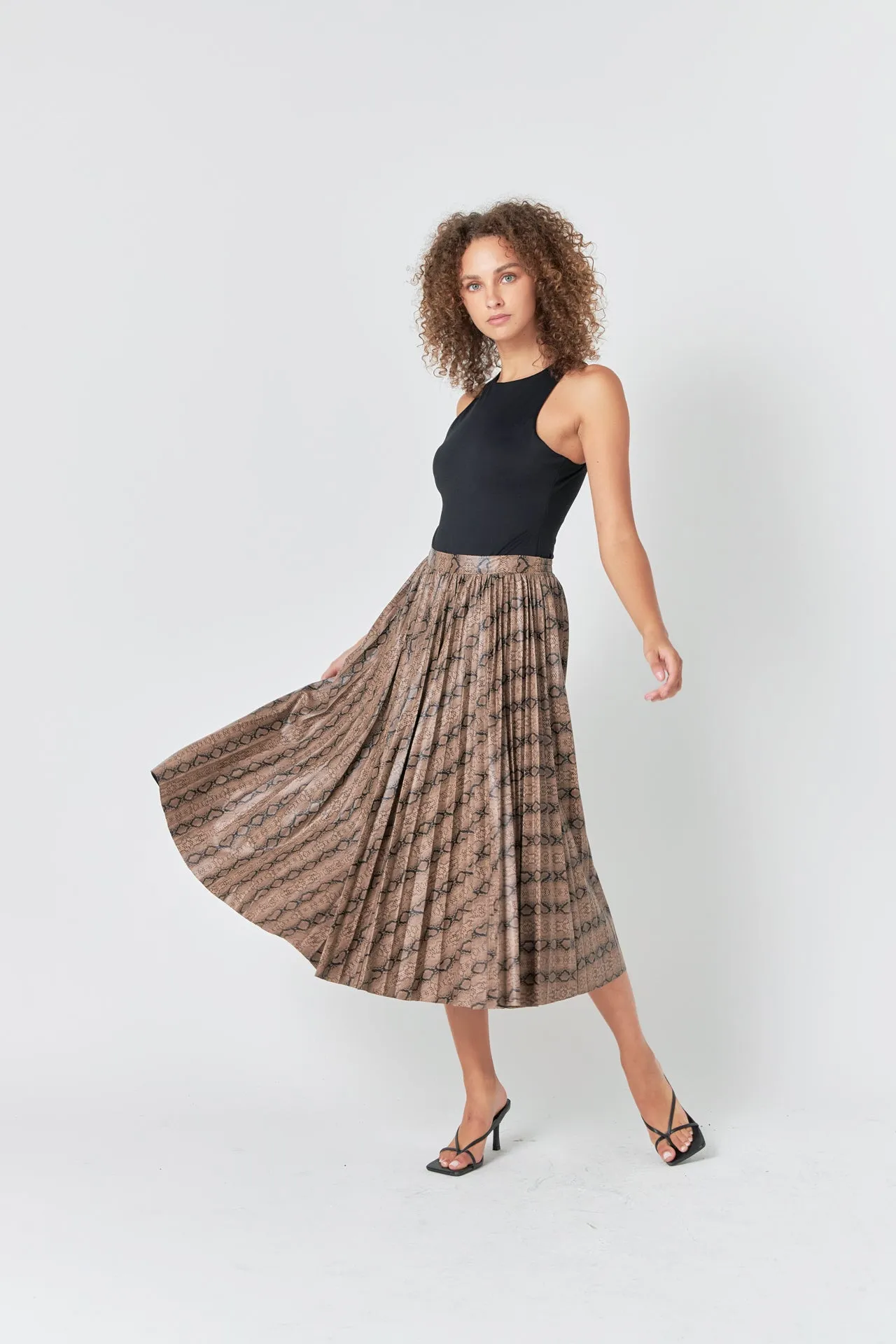 Snake Print Pleated Midi Skirt