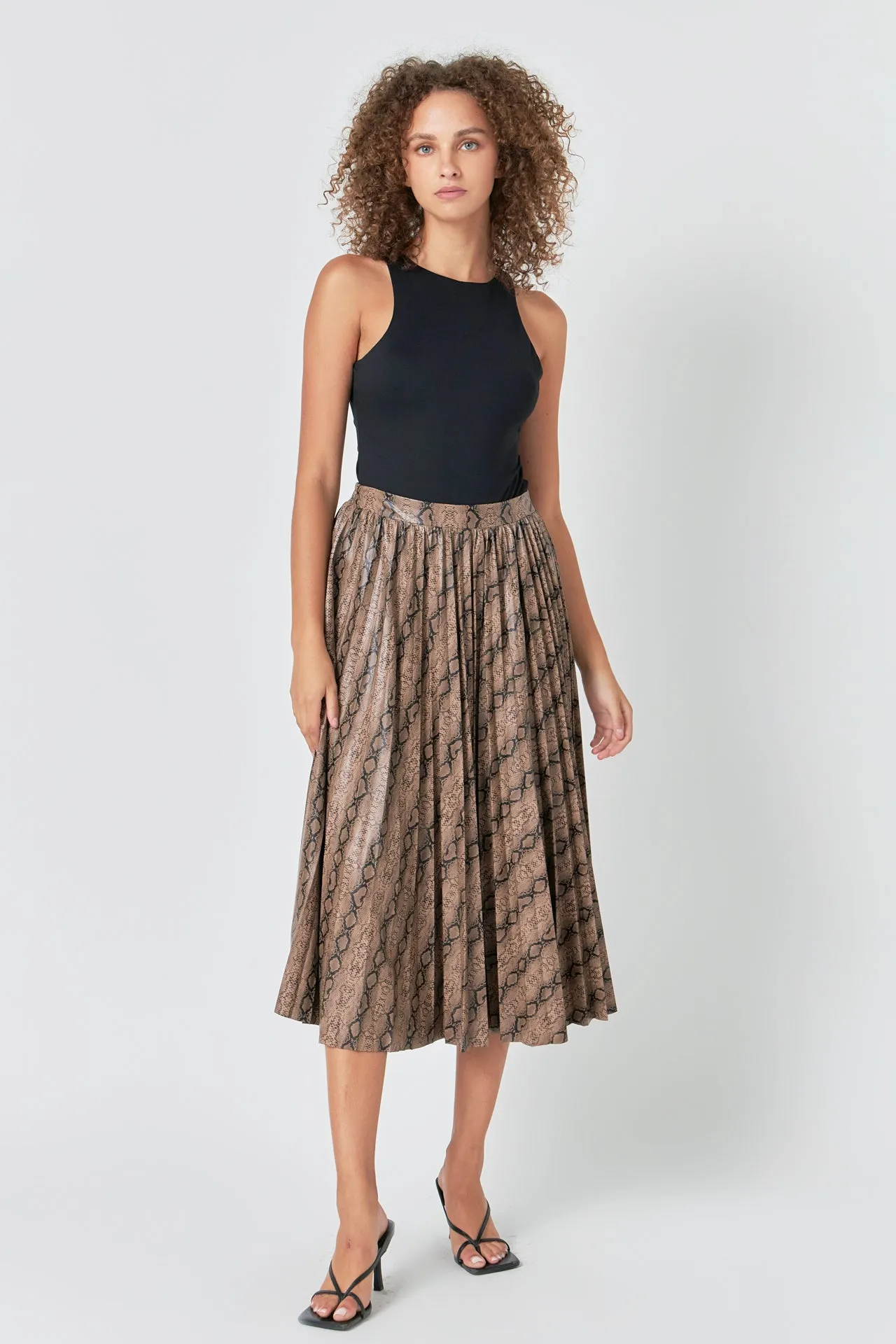 Snake Print Pleated Midi Skirt