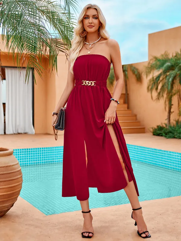 Solid color bandeau waist trendy long dress