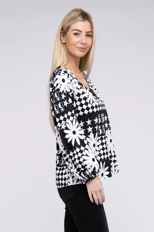 TEEK - BW Floral V-Neck Lantern Sleeve Blouse