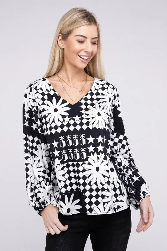 TEEK - BW Floral V-Neck Lantern Sleeve Blouse