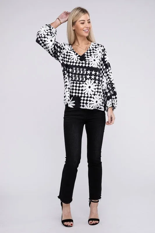 TEEK - BW Floral V-Neck Lantern Sleeve Blouse