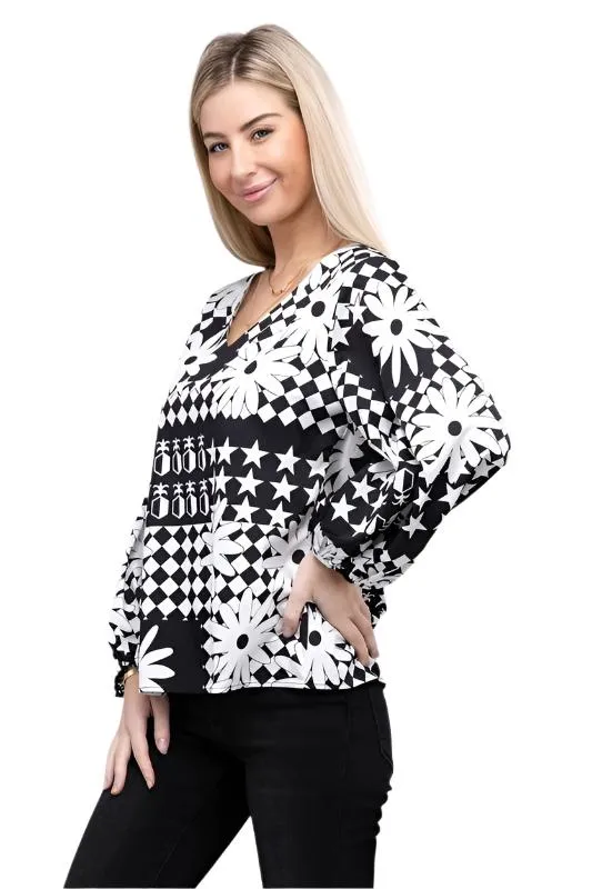 TEEK - BW Floral V-Neck Lantern Sleeve Blouse