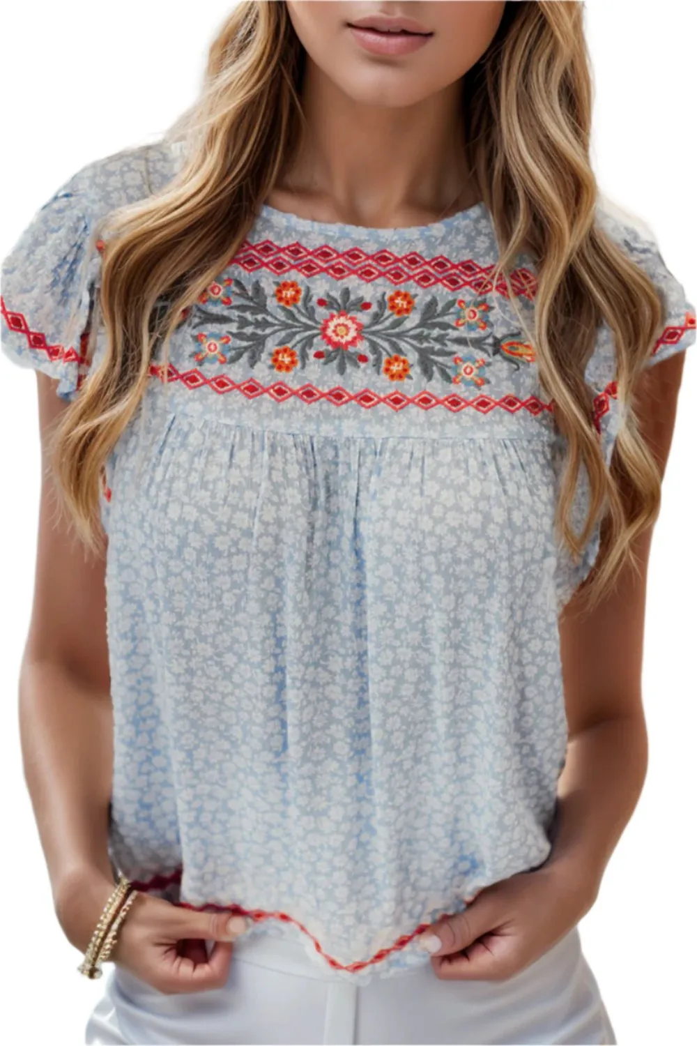 TEEK - Embroidered Misty Blue Cap Sleeve Blouse