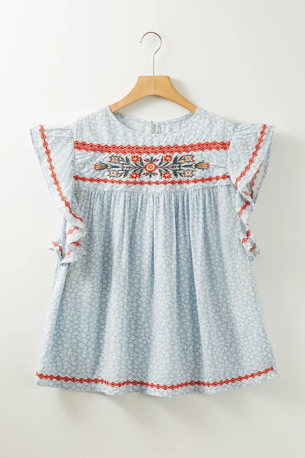 TEEK - Embroidered Misty Blue Cap Sleeve Blouse