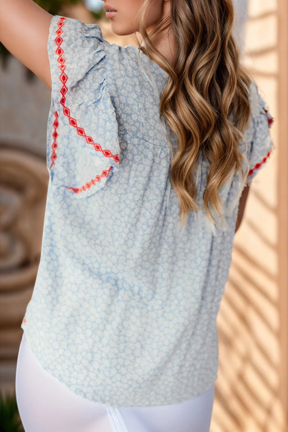 TEEK - Embroidered Misty Blue Cap Sleeve Blouse