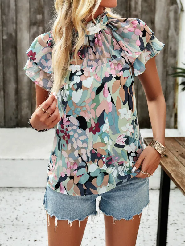 TEEK - Ruffled Printed Short-Sleeved Top