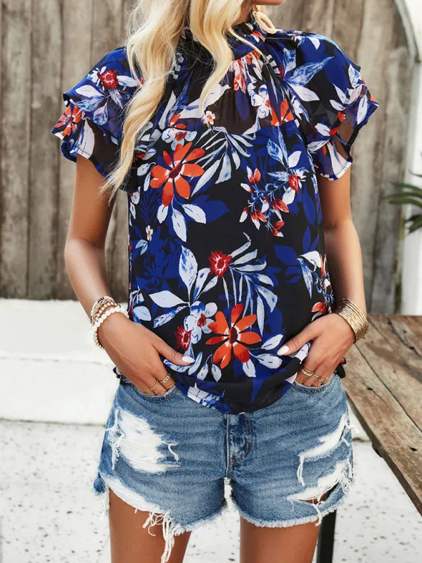 TEEK - Ruffled Printed Short-Sleeved Top