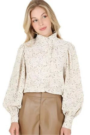 TEEK - Stand Collar Ivory Floral Frill Blouse