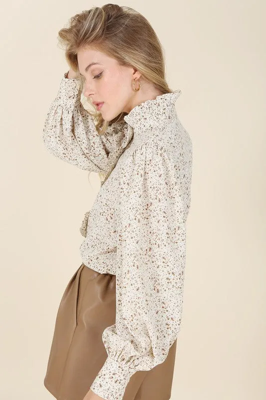 TEEK - Stand Collar Ivory Floral Frill Blouse