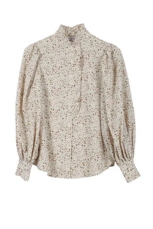 TEEK - Stand Collar Ivory Floral Frill Blouse