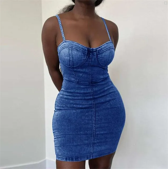 Trendy Sleeveless Sexy Mini Jean Stretch Dress