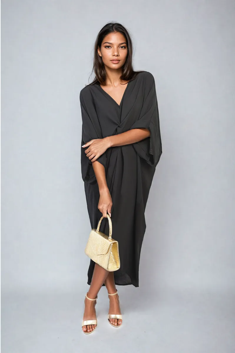 Twist Front Plunge Neckline Relaxed Fit Midi Dress