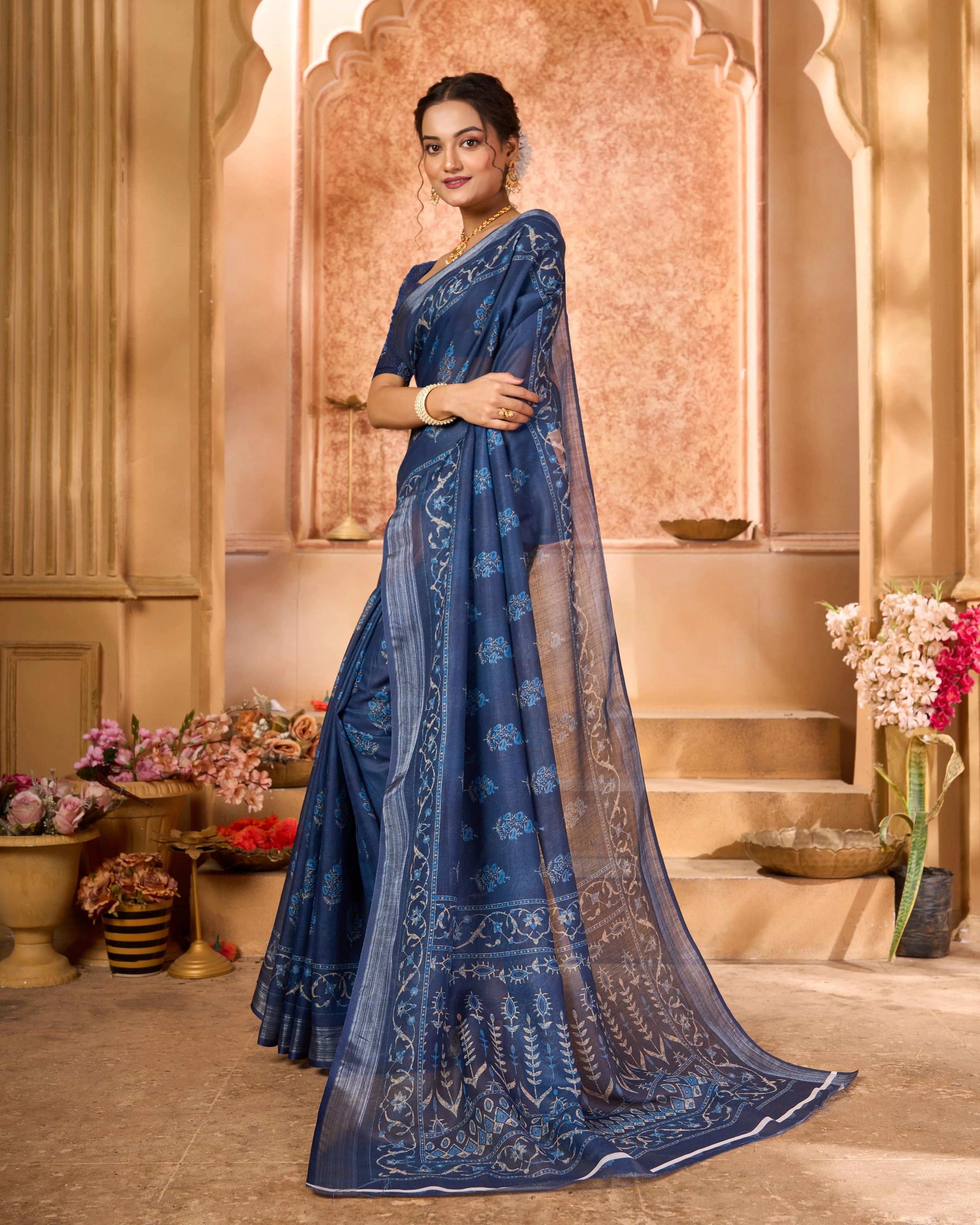 Varanga Dark Blue Linen Designer Saree With Zari Border