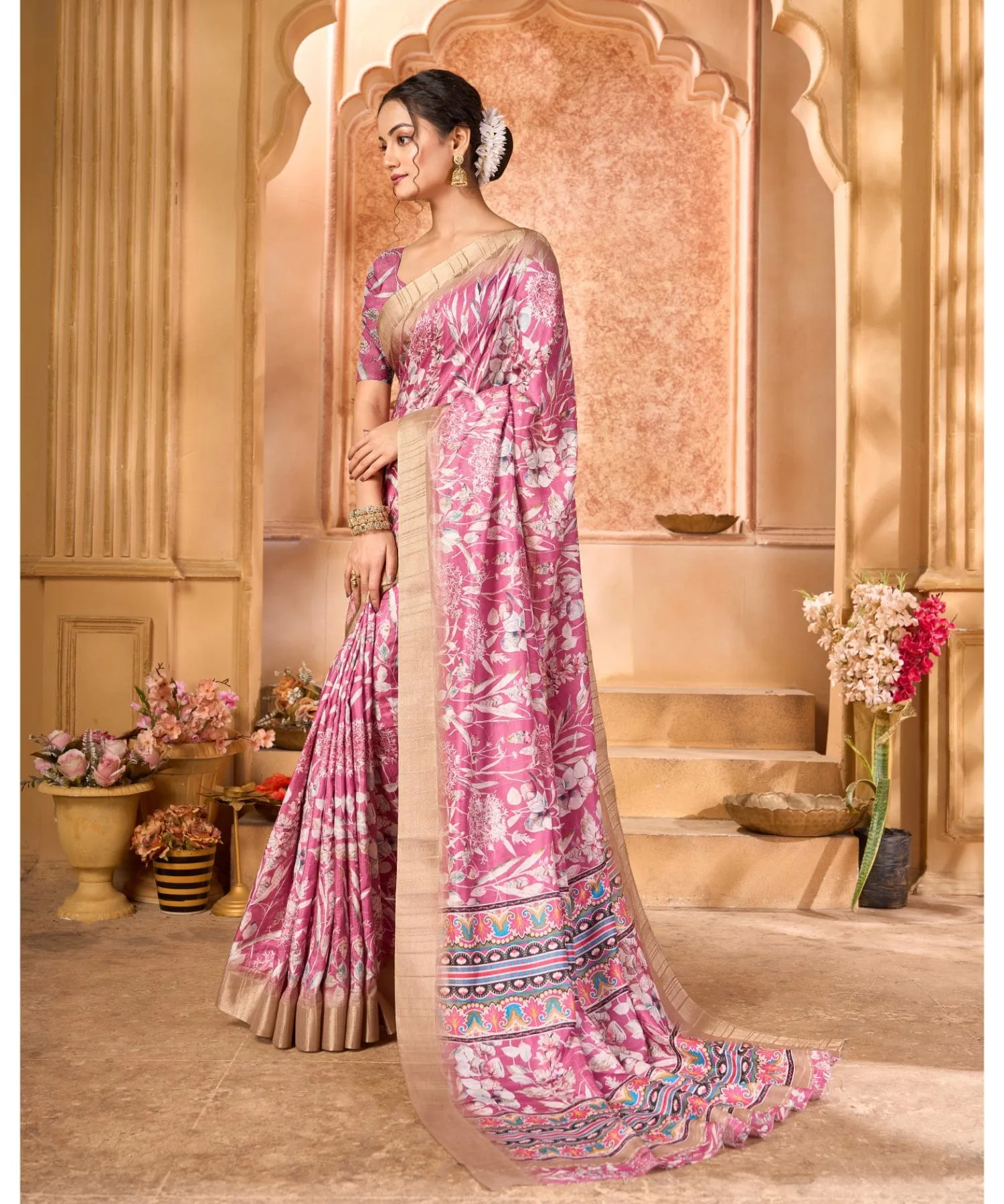 Varanga Pink Cotton Handloom Digital Saree With Zari Border