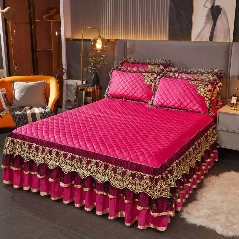 Warm Bedspread on The Bed with Thickened Crystal Velvet Lace Bed Skirt for King Queen Size Embroidery Bed Cover