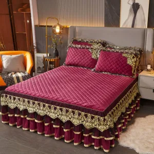 Warm Bedspread on The Bed with Thickened Crystal Velvet Lace Bed Skirt for King Queen Size Embroidery Bed Cover