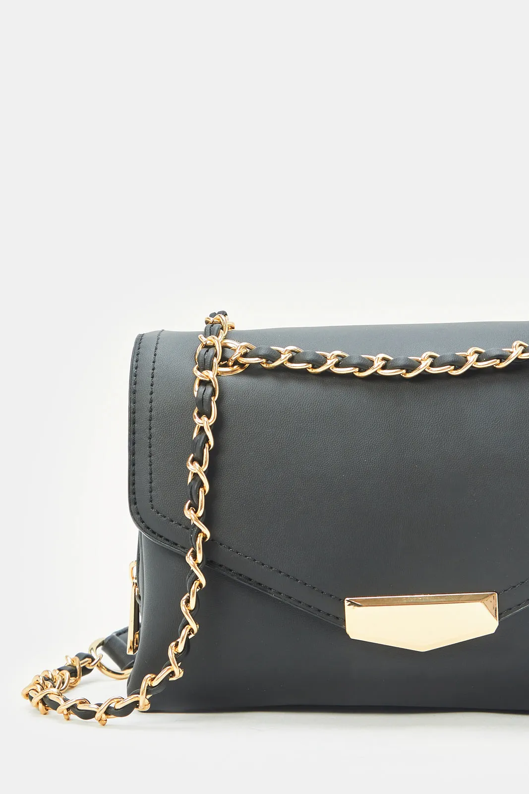 Women Black Cross Body Bag With Embellished Chain