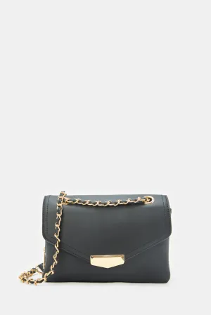 Women Black Cross Body Bag With Embellished Chain