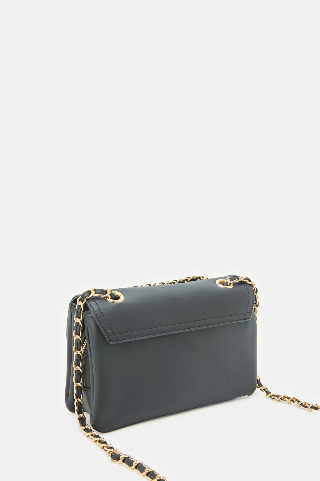 Women Black Cross Body Bag With Embellished Chain