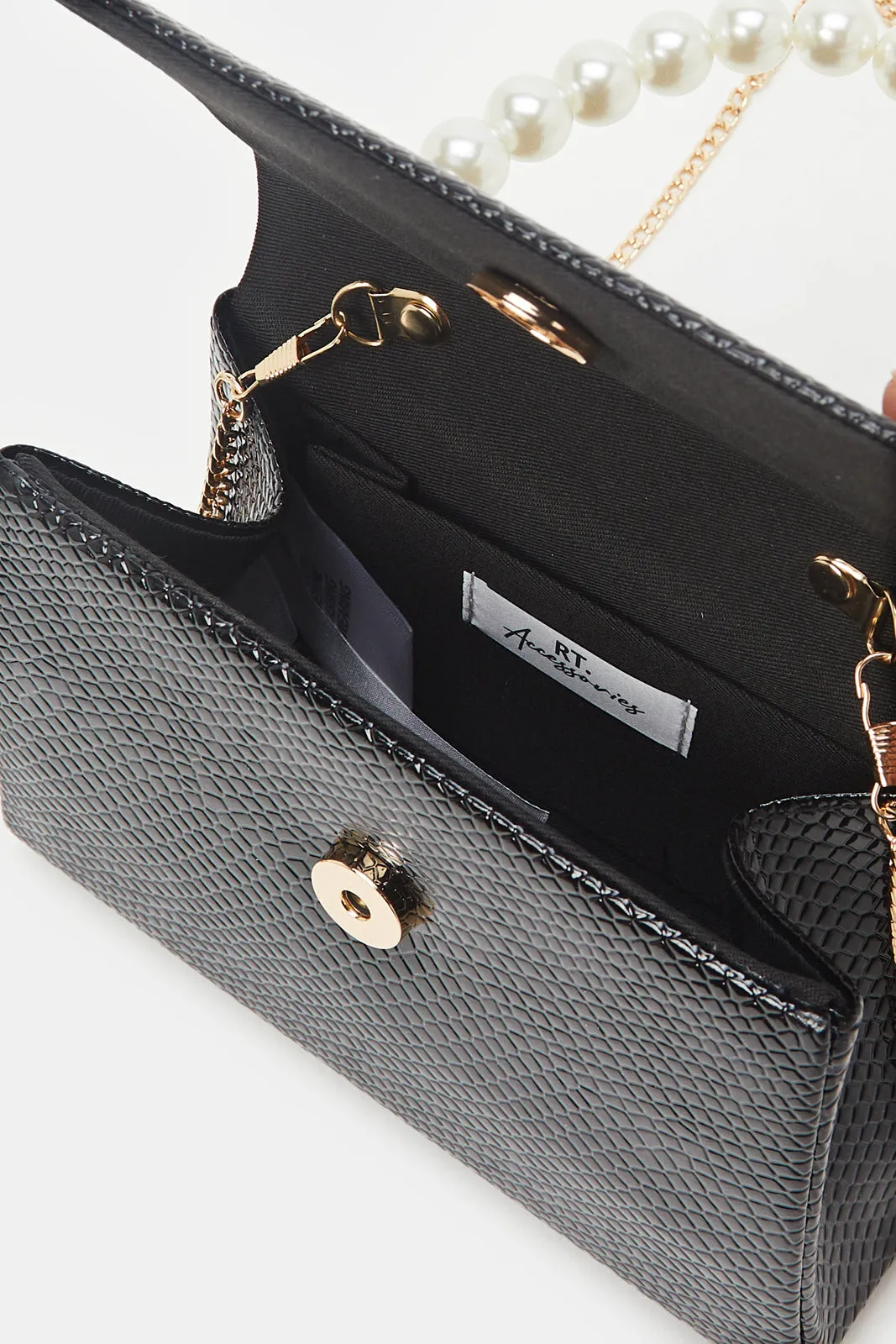 Women Black Embellished Pearl Handle Evening Bag