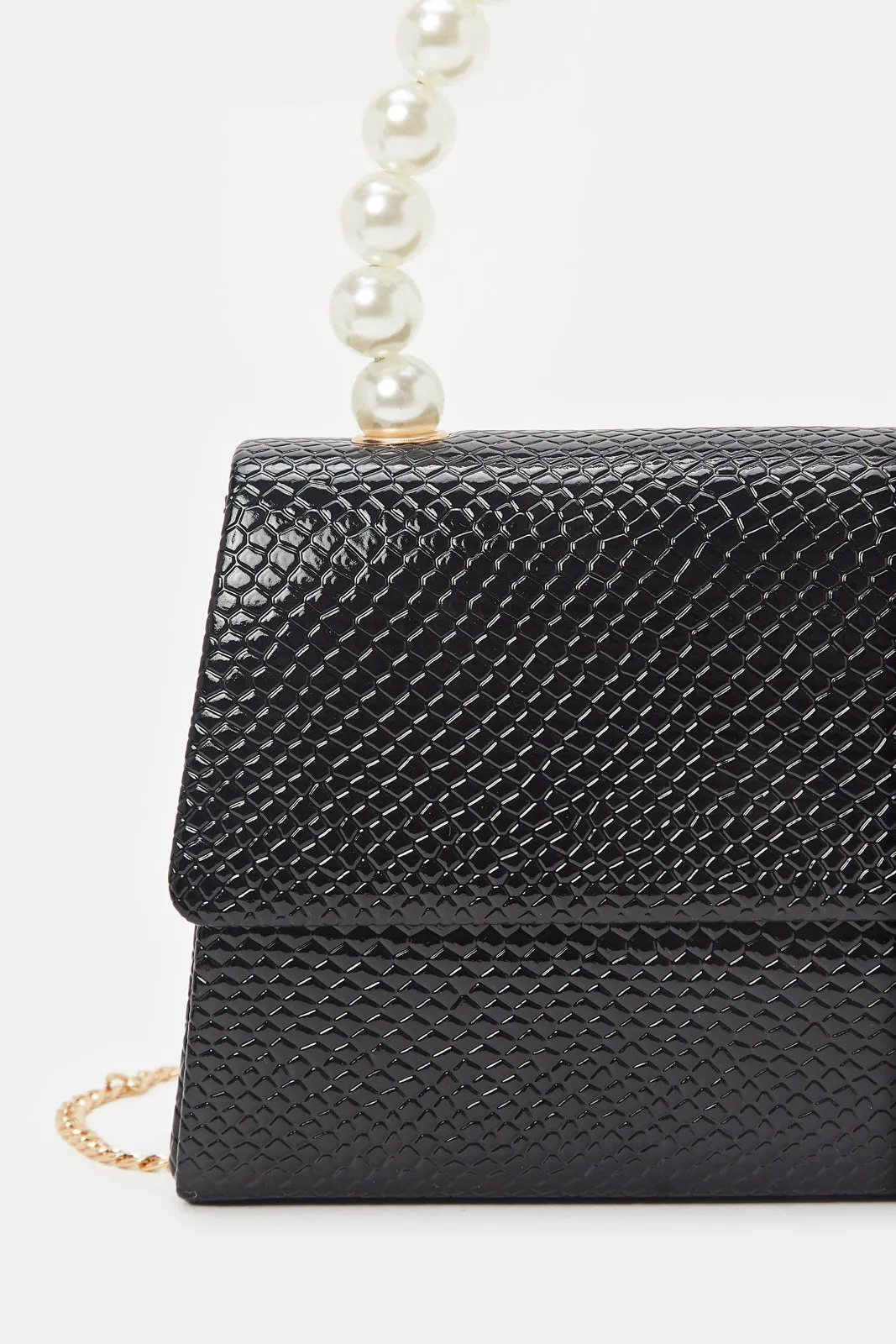 Women Black Embellished Pearl Handle Evening Bag