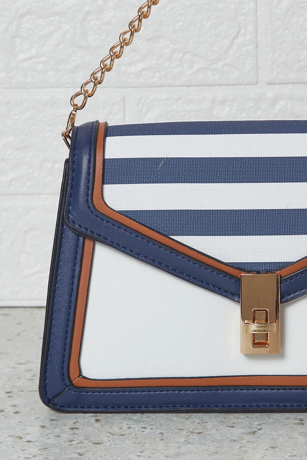 Women Blue And  White Stripe Flap Messenger Hand Bag